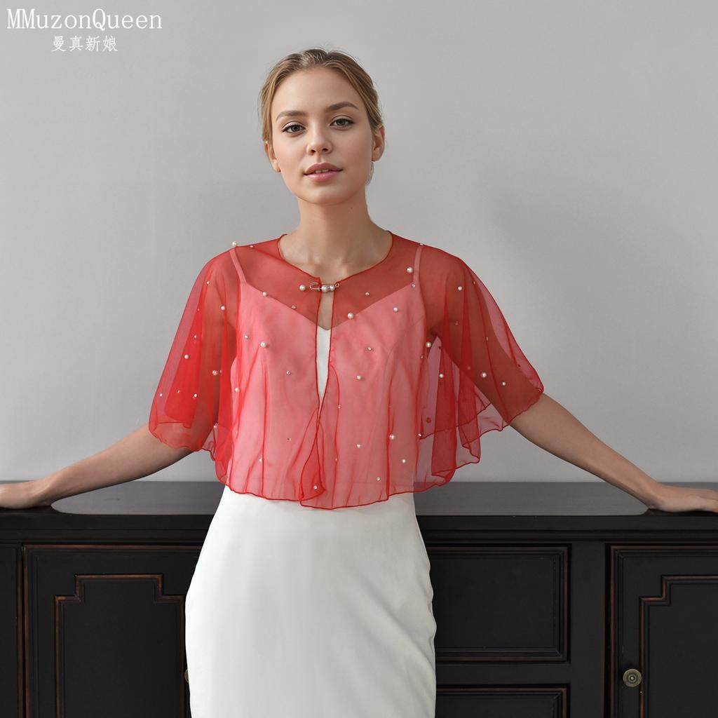 Pearl Beaded Sheer Tulle Cape Shrug, Round Neck Front Pearl Clasp Short Flare Sleeve Mesh Cover Up for Strapless Wedding Bridal Evening Gown