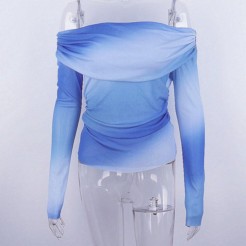 

Приталенная блузка, женская уличная одежда, пуловеры, топы, женская футболка, принт тай-дай, длинный рукав, с открытыми плечами, сетчатые складки, пэчворк L синий