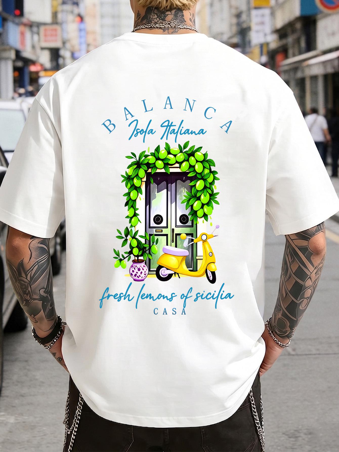 European Size CASA Balance Sicilian Lemon Motorcycle Illustration Men S Casual T-Shirt, Versatile Fashion Short Sleeve, New Men S Top, Trendy Outfit S