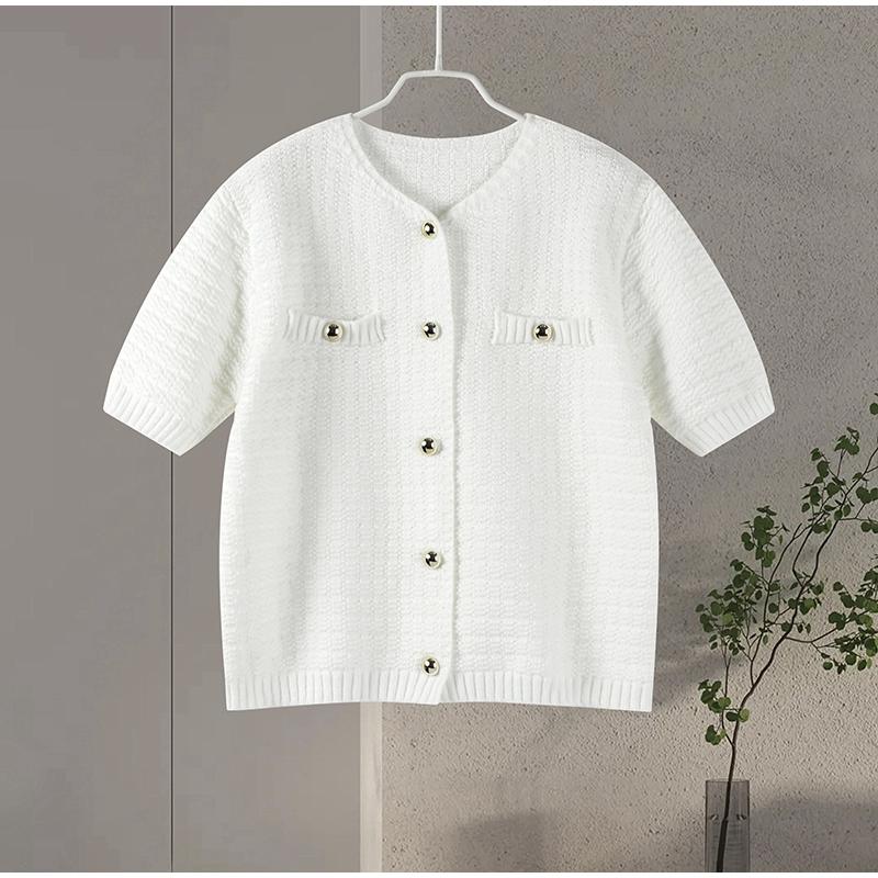Elegant Knitted Tweed Cardigan Women Solid Single Breasted O-neck Short Sleeve Sweater Vest 2024 Autumn New Lady All-match Tops