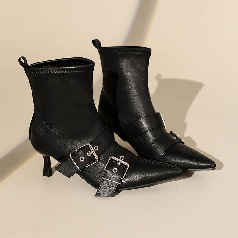 Fashion Vintage Stiletto Booties Fall New Pointed Toe Metal Buckle Back Zip Anti-Slip Wear-Resistant Heels