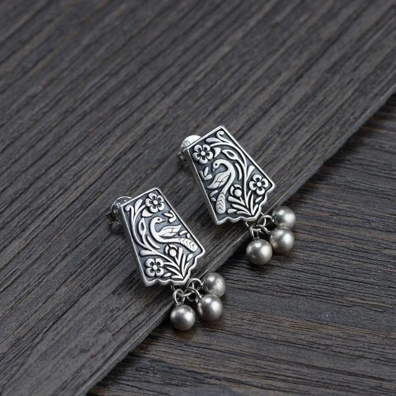 Phoenix flower round bead fringed earrings Chinese style elements court retro temperament elegant antique jewelry WHITE