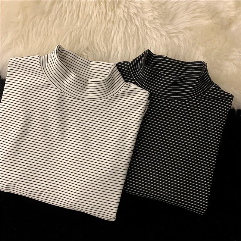 Strat de bază cu dungi supradimensionat pentru femei: Top cu gât semi-înalt, cu mâneci lungi și periat, pentru toamnă/iarnă