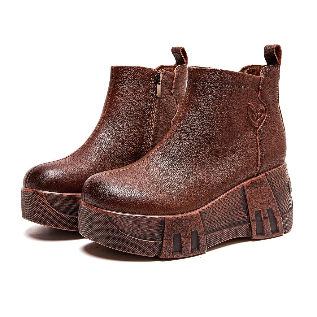 Fashion GKTINOO Handmade Genuine Leather Winter Warm Women's Boots Round Toe Retro Thick-soled Wedges Ankle Boots High Heels Boots