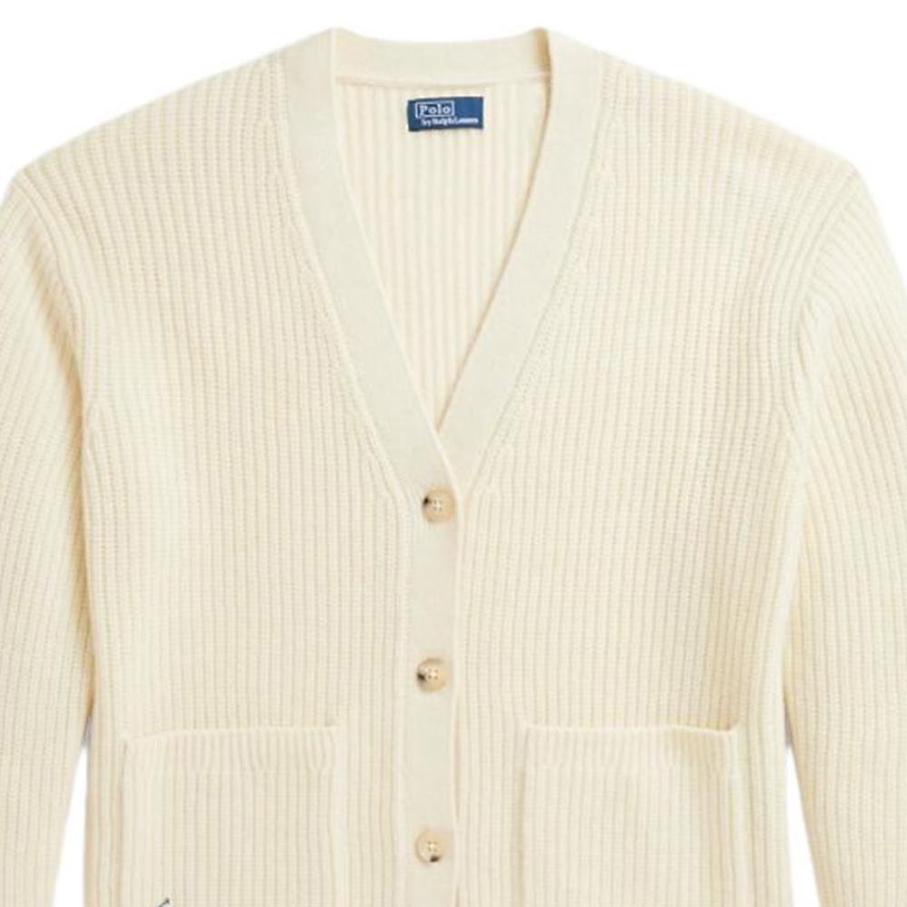 Polo Ralph Lauren Solid Logo Embroidered V-Neck Loose Long Sleeve Knit Sweater Women Sweater Cream WMPOSWENDW20303-100