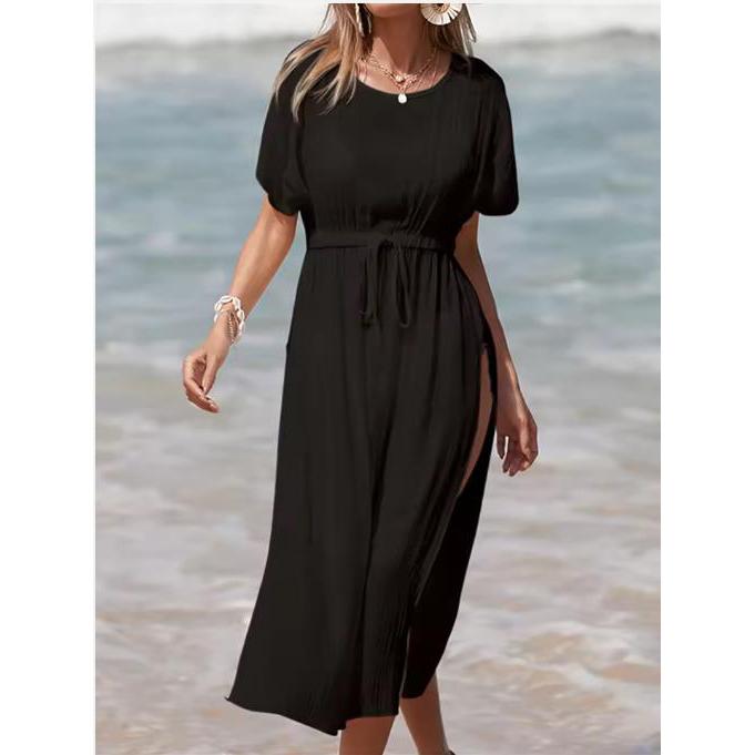 

Пляжная туника с коротким рукавом и высоким разрезом, вязанная крючком, однотонная, сексуальная, пляжная накидка, пляжное платье, пляжная одежда, женская, женская One Size чёрный