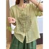 New Chinese Cotton and Linen Embroidered Shirt Women's Summer New Loose Stand-up Collar Single-row Bead Buckle Loose Top
