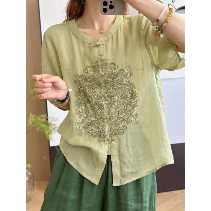 New Chinese Cotton and Linen Embroidered Shirt Women's Summer New Loose Stand-up Collar Single-row Bead Buckle Loose Top