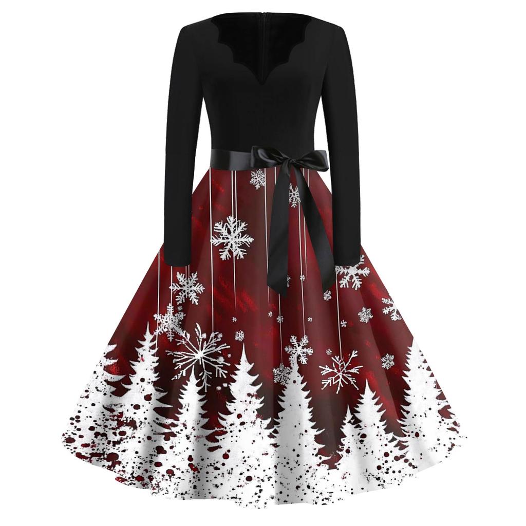 Dámské módní šaty s výstřihem do V, volného střihu, s vánočním potiskem a dlouhým rukávem