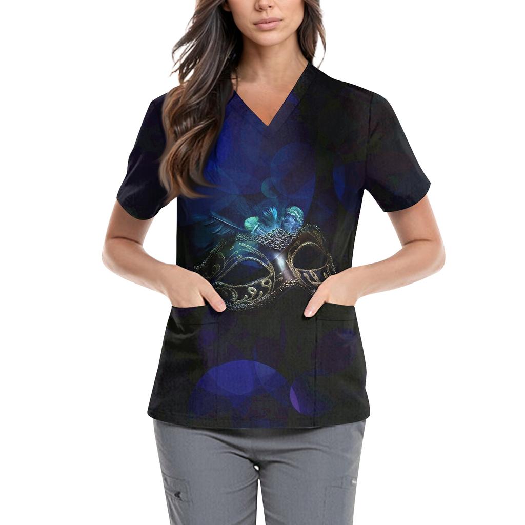 Women's  Carnival Themed Outfit Party Mask Pattern Caregiver Top