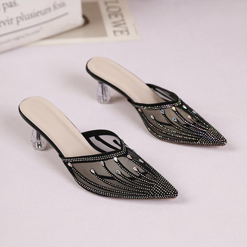 2025 Summer New Mesh Rhinestone Bag Head Half Slippers Women's Fashion Outer Wear Women's Shoes Pointed Crystal Heel High Heel Sandals