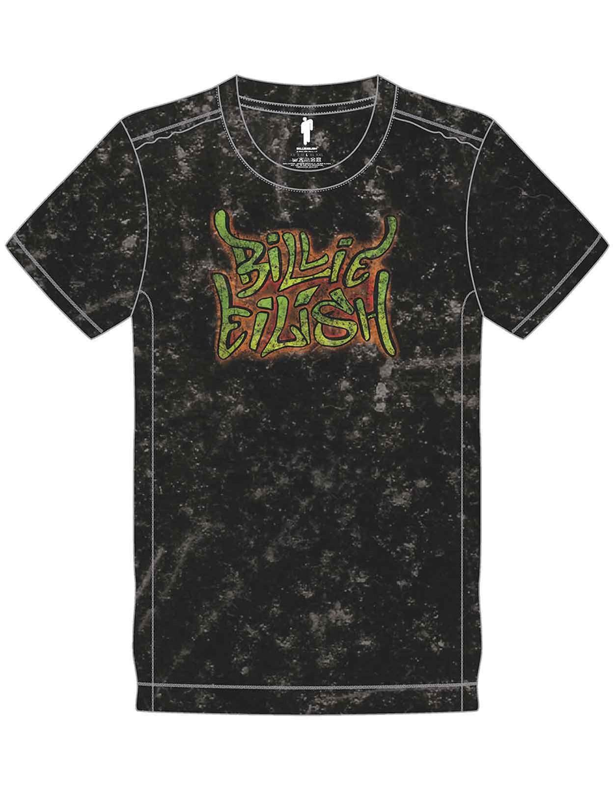 New Billie Eilish T Shirt Graffiti Logo Official Unisex Black Snow Wash S