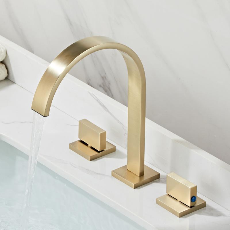 Basin Type Faucet Brass Polished Black deck installation Square Bathroom Sink Faucet Three Hole Dual Handle Cold and Hot Faucet