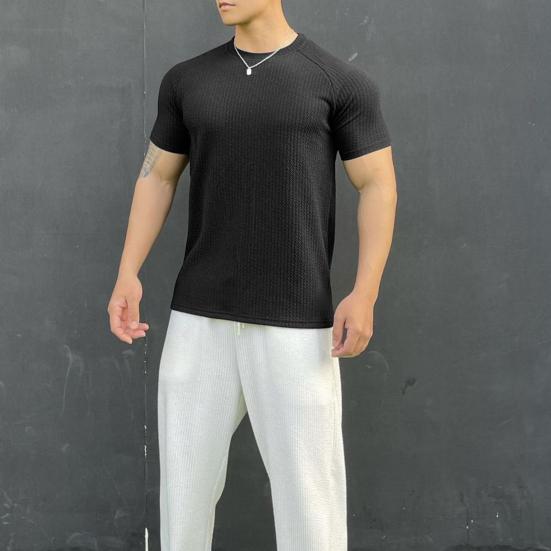 Men Summer Top with 3D Texture Round Neck Short Sleeves Loose Solid Color Muscular Men Sport T-shirt Daily Exercise Shirt
