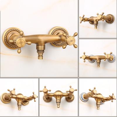 Antique Brass Wall Mounted Washing Machine Faucets Double Handles 2 Holes Cold and Hot Water Mixer Tap Bibcock