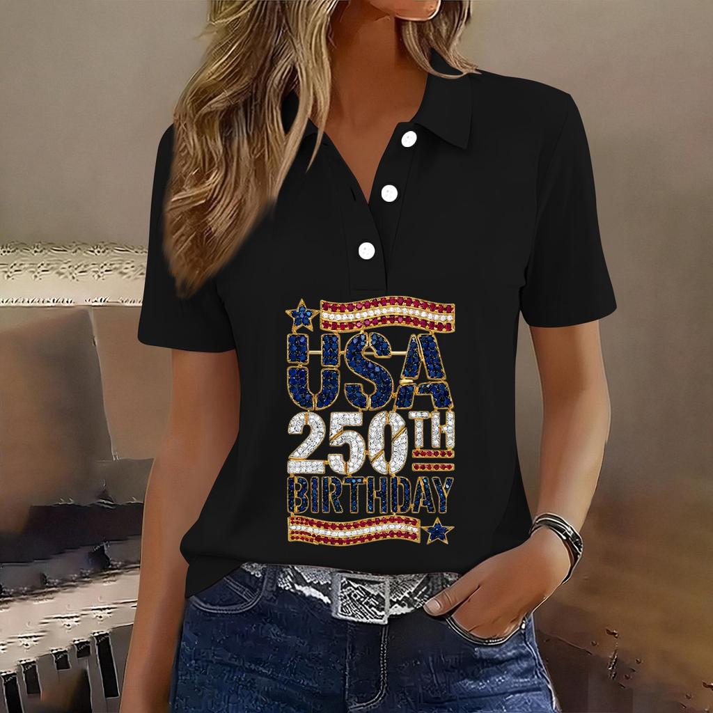 Women's Casual Short Sleeve Button Polo Shirt USA 250th Anniversary Print Relaxed Fit Lightweight Summer Top