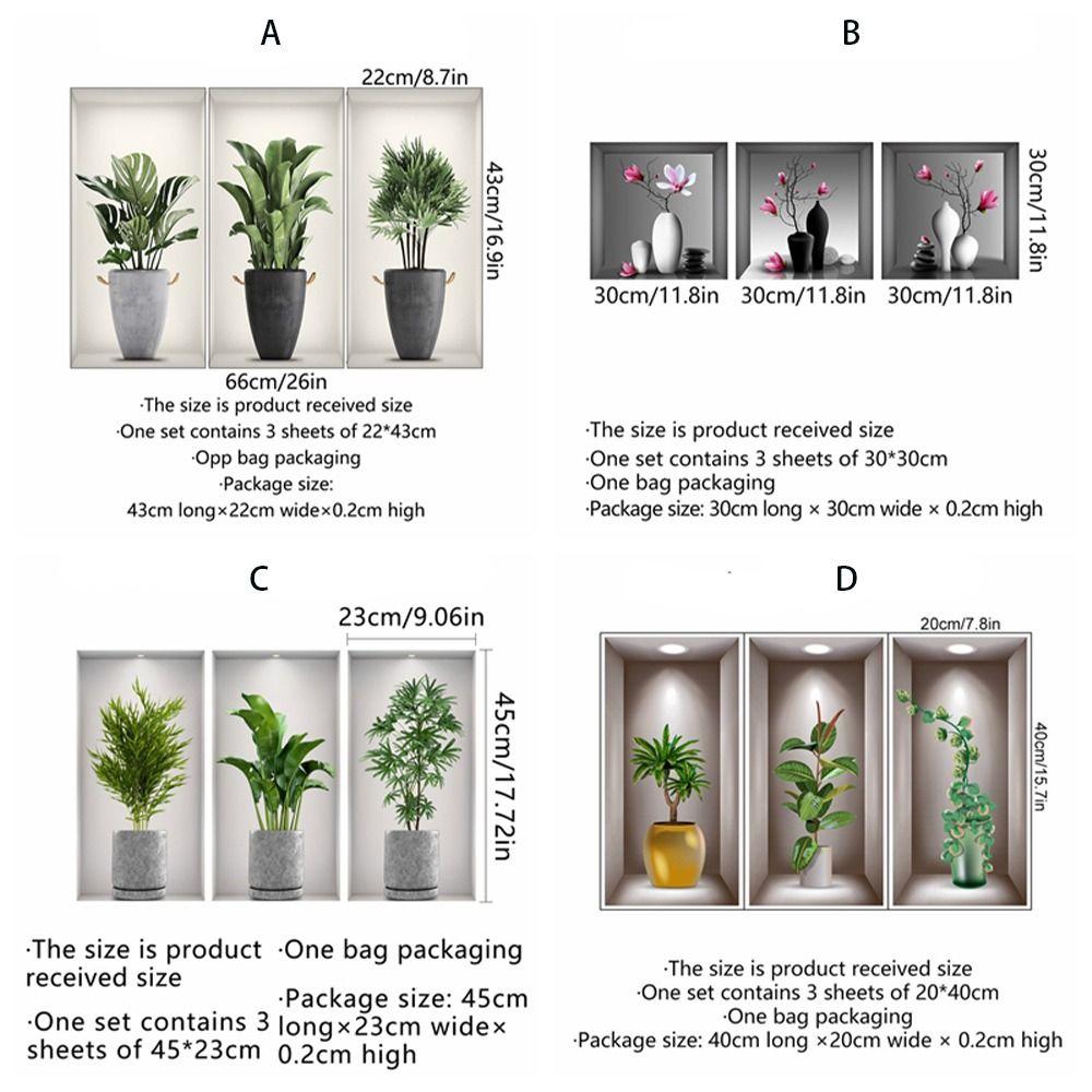 Self Adhesive Plant Pattern Wall Sticker Plants Flower Decals for 3 Pcs/Set Bedroom