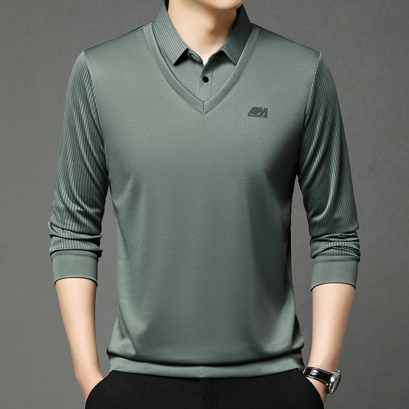 

Мужская рубашка поло с эффектом двухслойности, с длинным рукавом, высокого класса, средней длины, мужская, с полосатой отделкой и лацканом 4XL зелёный