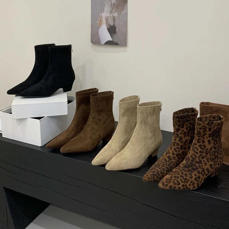 Fashion Eilyken Autumn Winter Designer Leopard Print Ankle Boots Women Fashion Pointed Toe Square Low Heels Zipper Shoes Botas Mujer