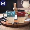 Creative Flow Glaze Square Coffee Mug With Spoon and Lid Retro Tea Cup Simple Household Matte Color Ceramic Milk Water Cup Gift