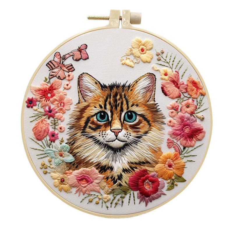 DIY Cat and Flower Embroidery Kit for Adults and Beginners Handmade Cross Stitch Kit Mixing Colors Fabric Materials