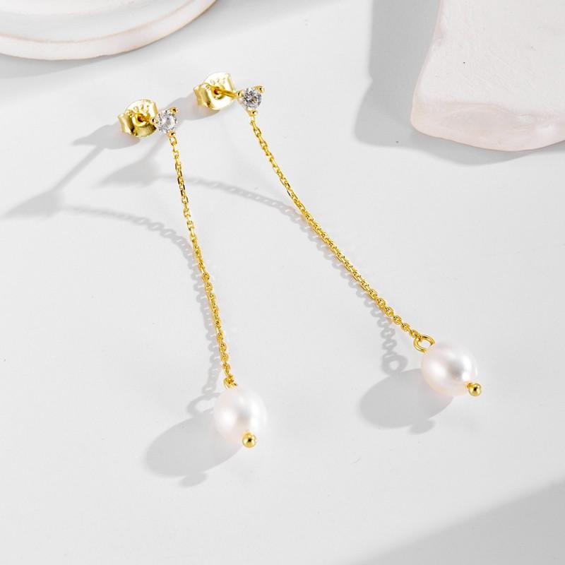 Sterling Freshwater Pearl Earrings With Crystal Accents Geometric Long Tassel Drop Women 925 Sterling Silver