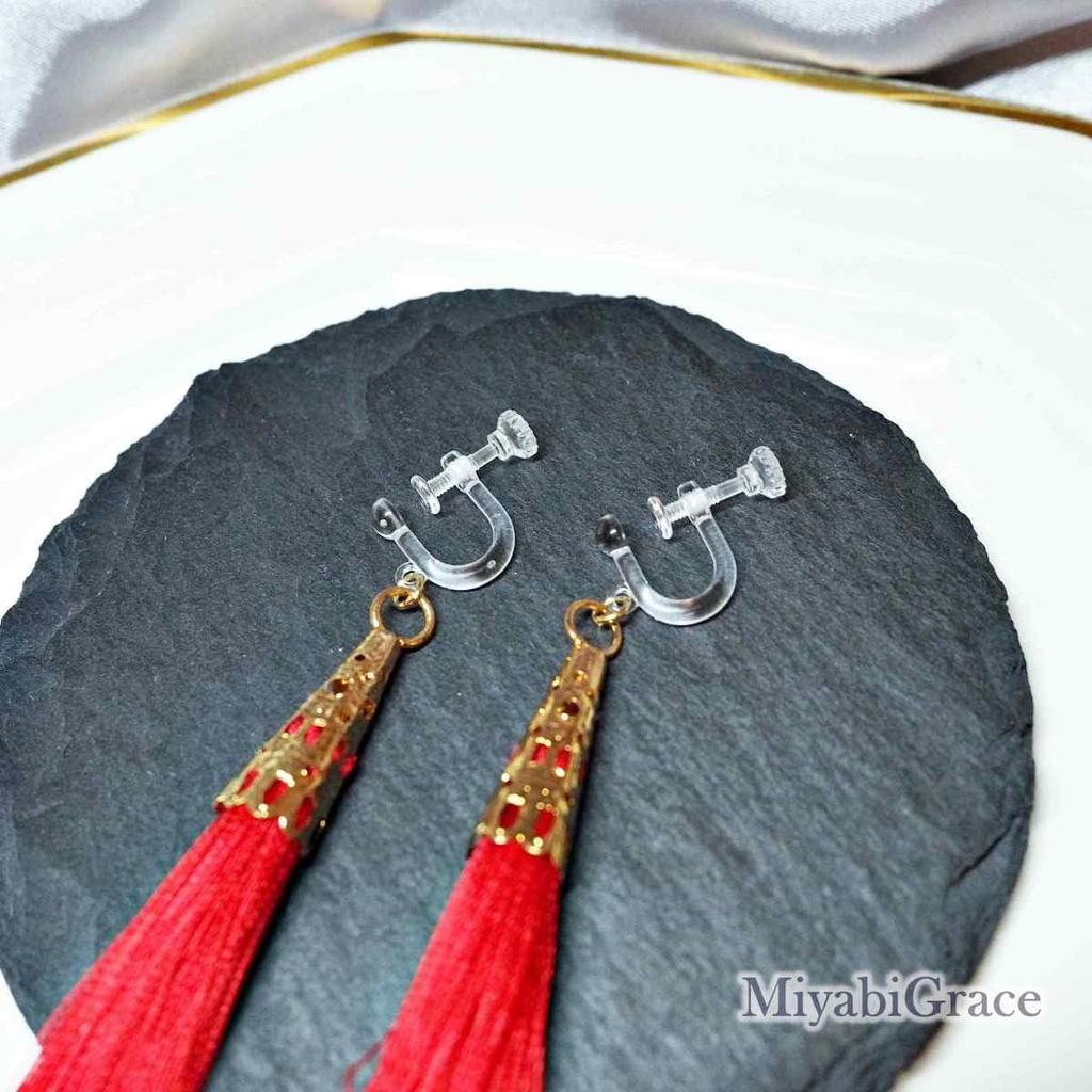 Resin Dangling Long Red Tassel Earrings Large Pierced Earrings Red Fringe Earrings Popular Earrings Accessories Miyabi Grace Gold Non-Pierced Women's