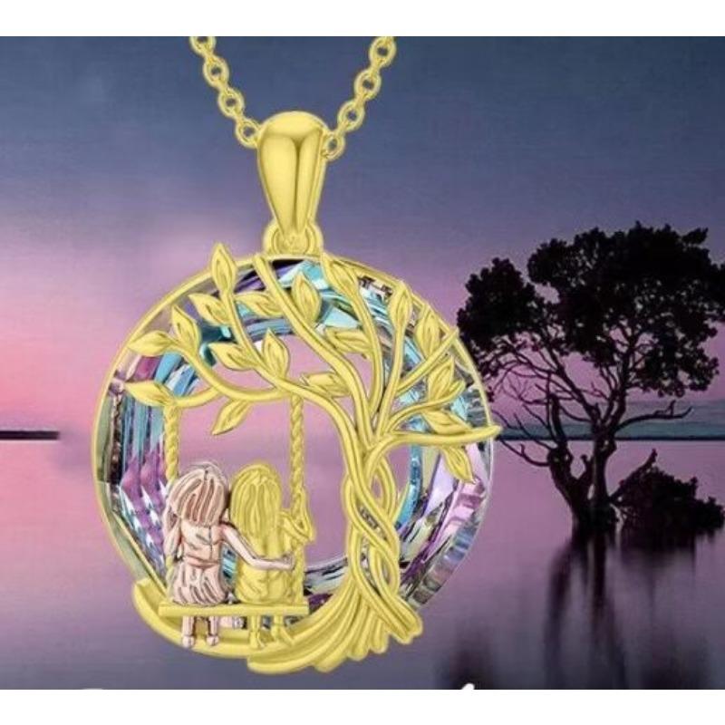Tree Of Life Sisters Swing Pendant Necklace Women Colorful Crystal Memorial Jewelry