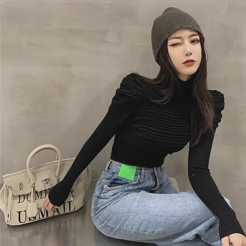 

Женский высококачественный облегающий свитер с полуводолазкой и рукавами-фонариками на осень/зиму One Size розовый