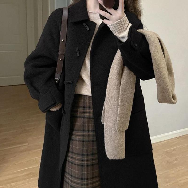 

Coffee-Colored Off-Season Horn-Button Thickened Woolen Coat for Women Autumn Winter Fleece-Lined Woolen Outer Wear L