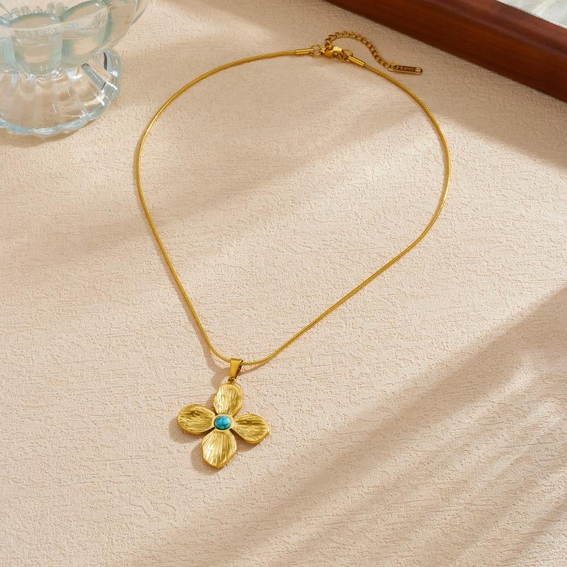 

Gold Plated Stainless Steel Flower Pendant Necklace with Turquoise Center for Women золотой