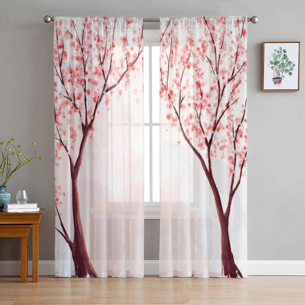 Dream Cherry Blossom Pink Sheer Curtains for Girl Kids Bedroom Kitchen Window Drapes Curtain Home Decoration