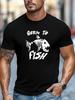 New Unisex Black Crew Neck Tee Born To Fish Angry Fish Skeleton Graphic Retro Fishing Hobby Outdoor Soft Cotton Male Casual Tops