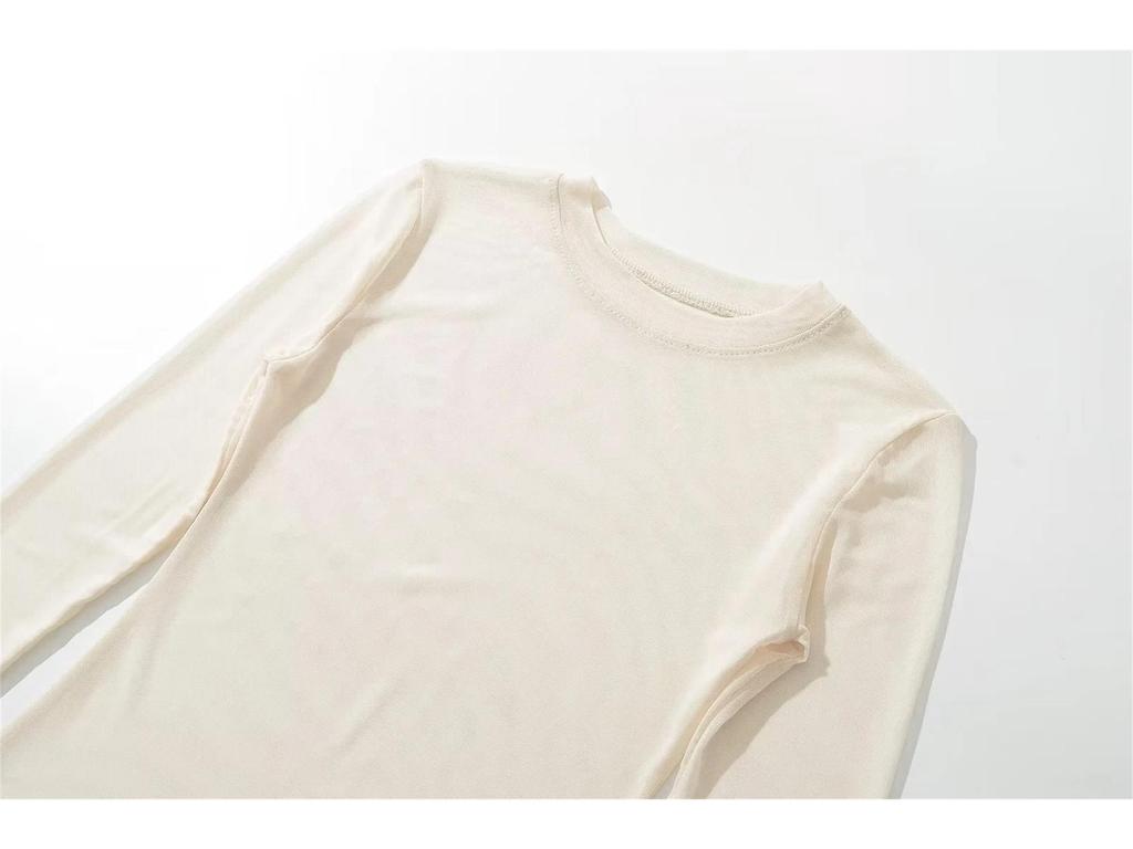 Autumn Women's Slimming Mesh Bodysuit - Sheer Round Neck, Long Sleeve