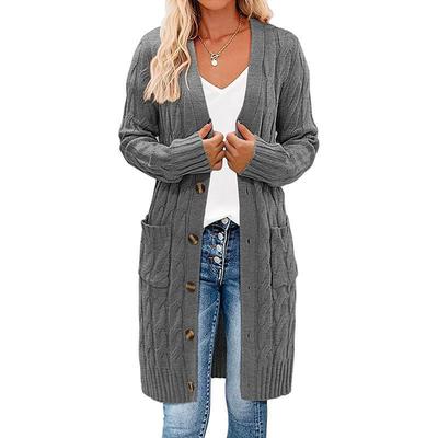 Outono e inverno feminino de abotoamento simples bolsos torcidos cor sólida malha longa suéter casaco cardigan