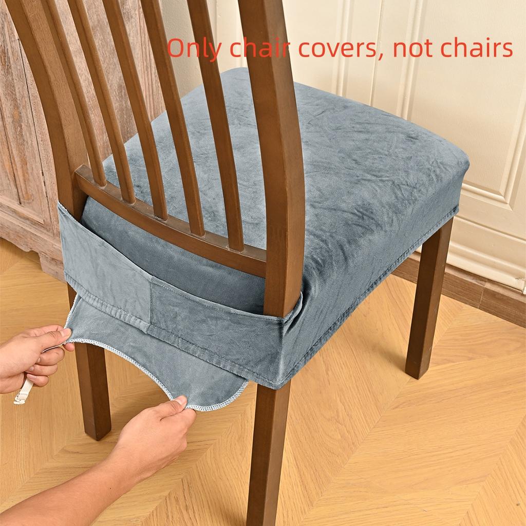 1PC Velvet Stretch Dining Chair Seat Covers Super Soft Seat Cushion Covers Protector Non-slip with Fixed Strap Slipcovers