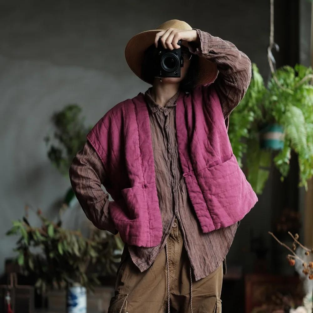 Johnature Dámské vintage kabáty Výstřih do V Bez rukávů Jednobarevné Volné oblečení Podzim Kabáty na jeden knoflík