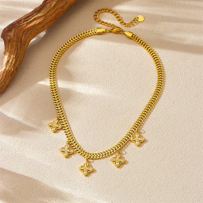 Gold Plated Double Curb Chain Necklace with Clover CZ Charms, Dainty Cuban Link Flower Pendant Choker, Luxury Jewelry for Women Gift
