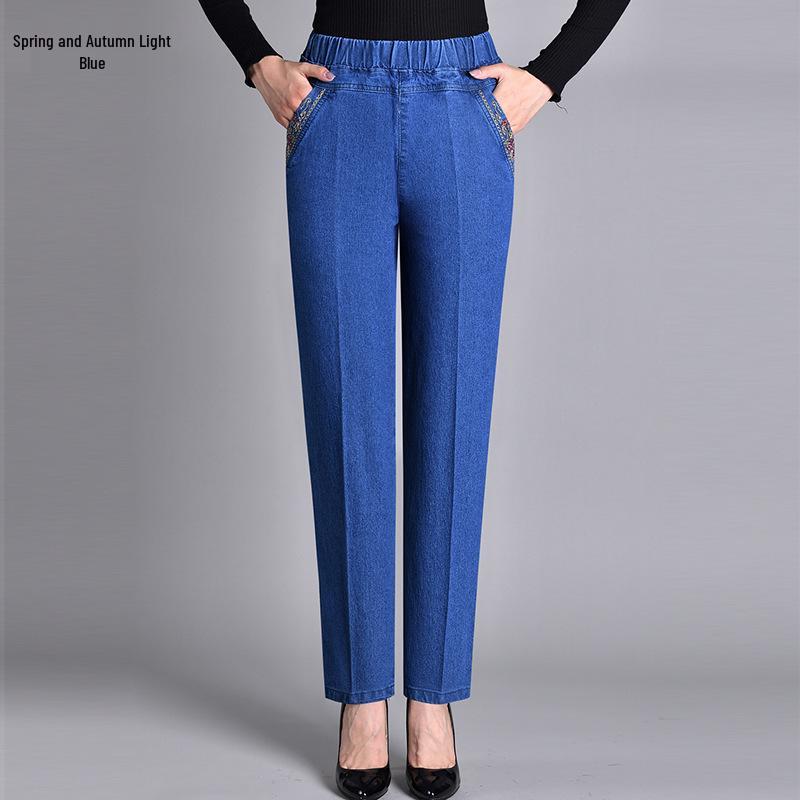 Women's High Waist Stretch Jeans with Elastic Waist and Slimming Fit - Casual Plus Velvet Pants for Middle-Aged and Elderly.