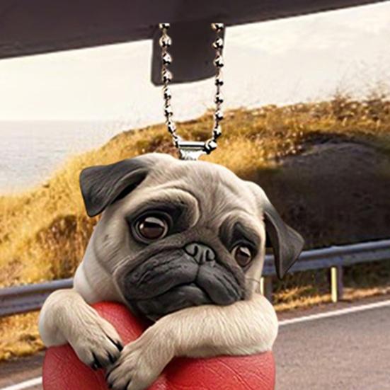 Acrylic Heart Dog Car Hanging Ornament Cute Puppy Pendant with Red Heart Car Rearview Mirror Decoration with Adjustable Strap