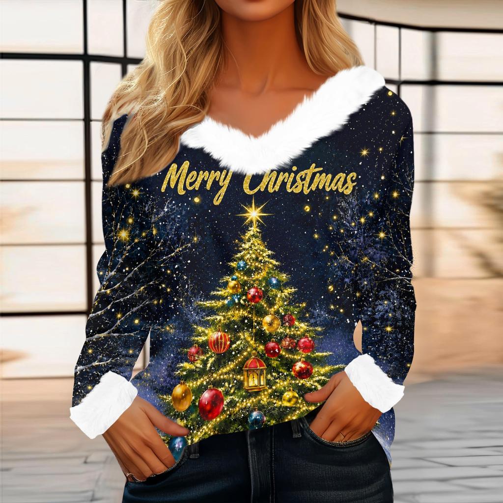 Women's Casual Christmas Print Long Sleeve Top with Plush Collar for Winter
