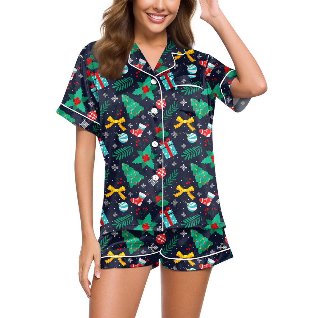 Women's Casual Fashion Christmas Print Short-Sleeve Top And Shorts Homewear Set
