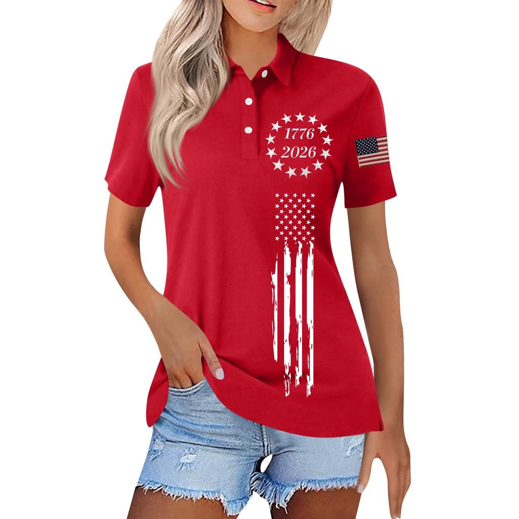 Women’s Short Sleeve Polo Shirt with Printed Flag Design Button Front Collar Casual Fit Top for Everyday Wear