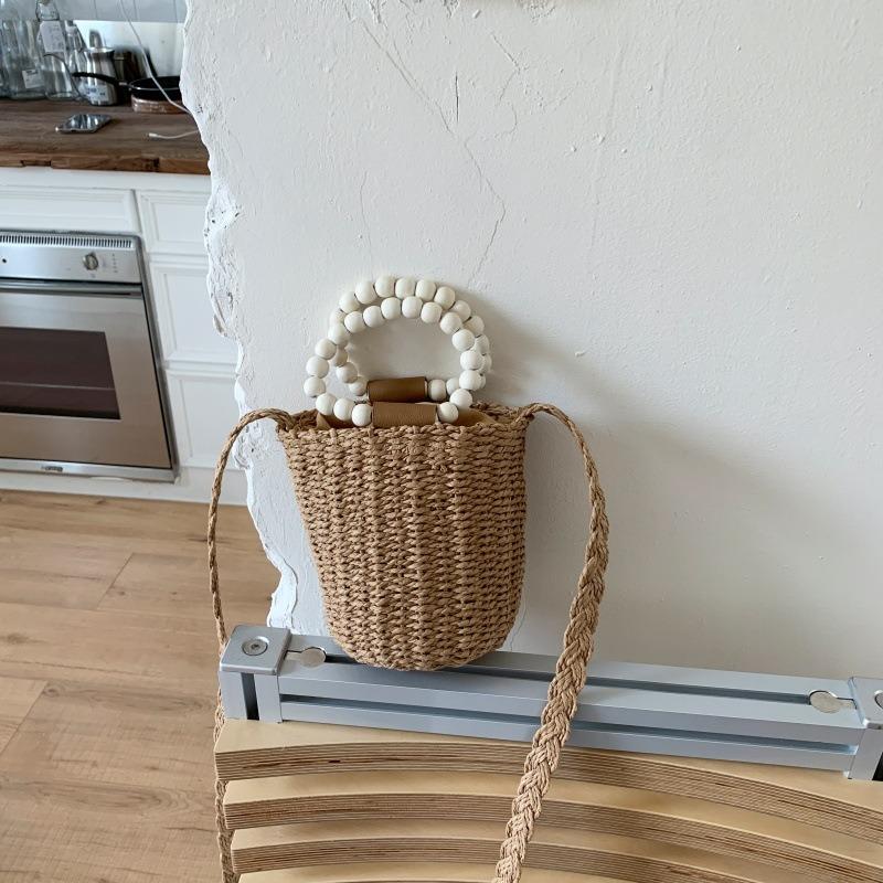 Sommer Holzperlengriff Urlaubsreise Strandtasche Einfarbig Schlicht Lässig Umhängetasche Damen Kleine Tasche Strohtasche