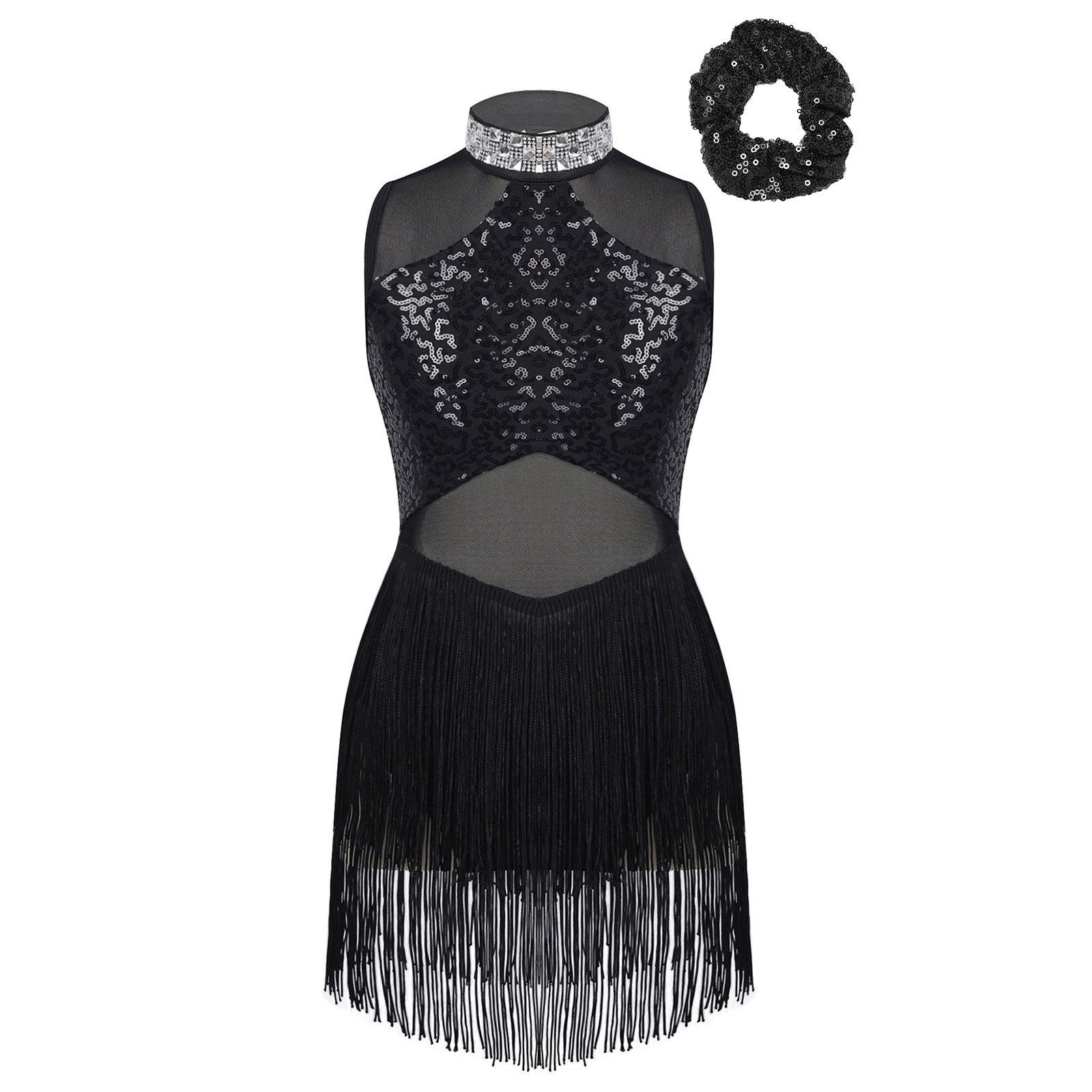 

Блестящий танцевальный купальник для девочек со стразами, воротником, пайетками, сетчатым лоскутным подолом, кисточками и соответствующим аксессуаром для волос 5-6 Years чёрный