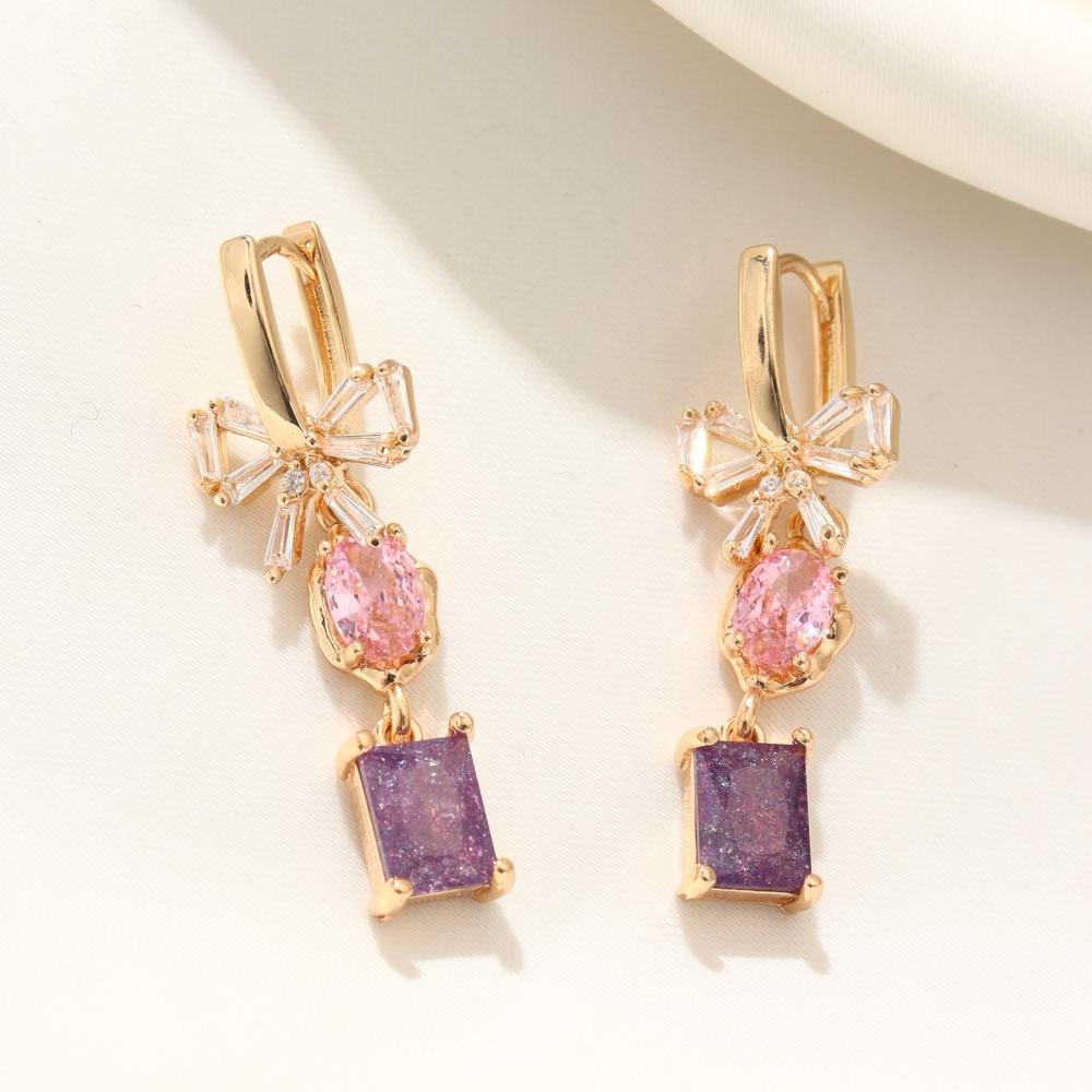 Golden Plated Bow Drop Earrings with Pink & Purple Zirconia for Women