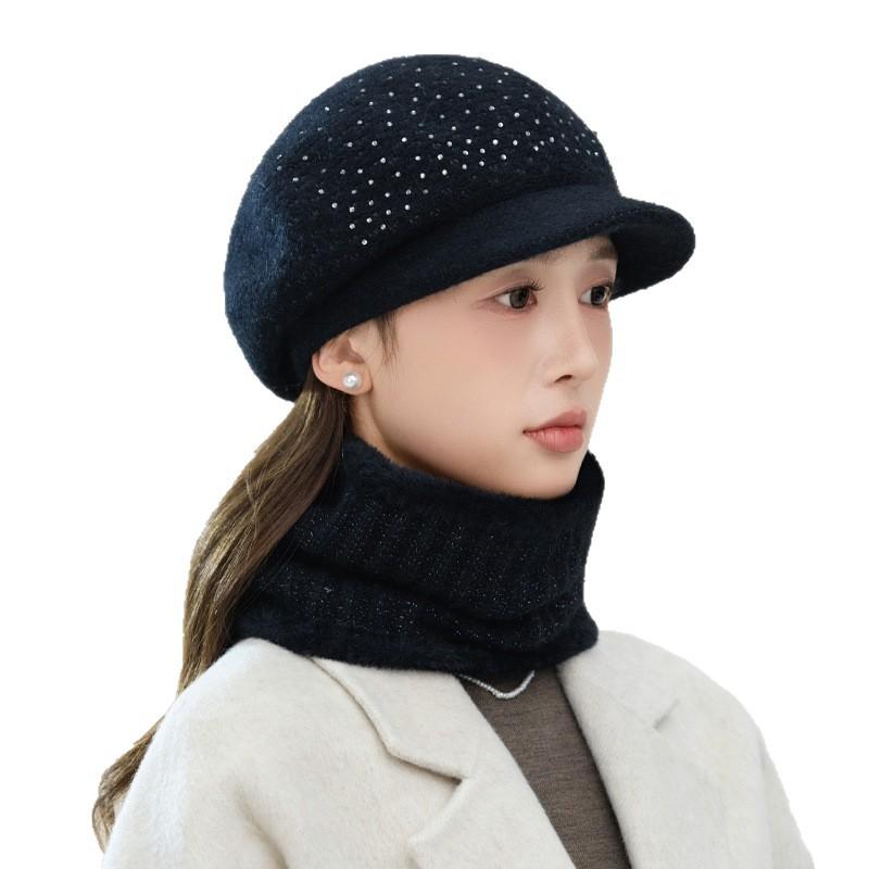 Autumn and Winter Casual Bright Diamond Rabbit Hair Mother Hat Versatile Plus Velvet Thickened Cold Proof Duck Tongue Cap Can Scarf Warm Set New
