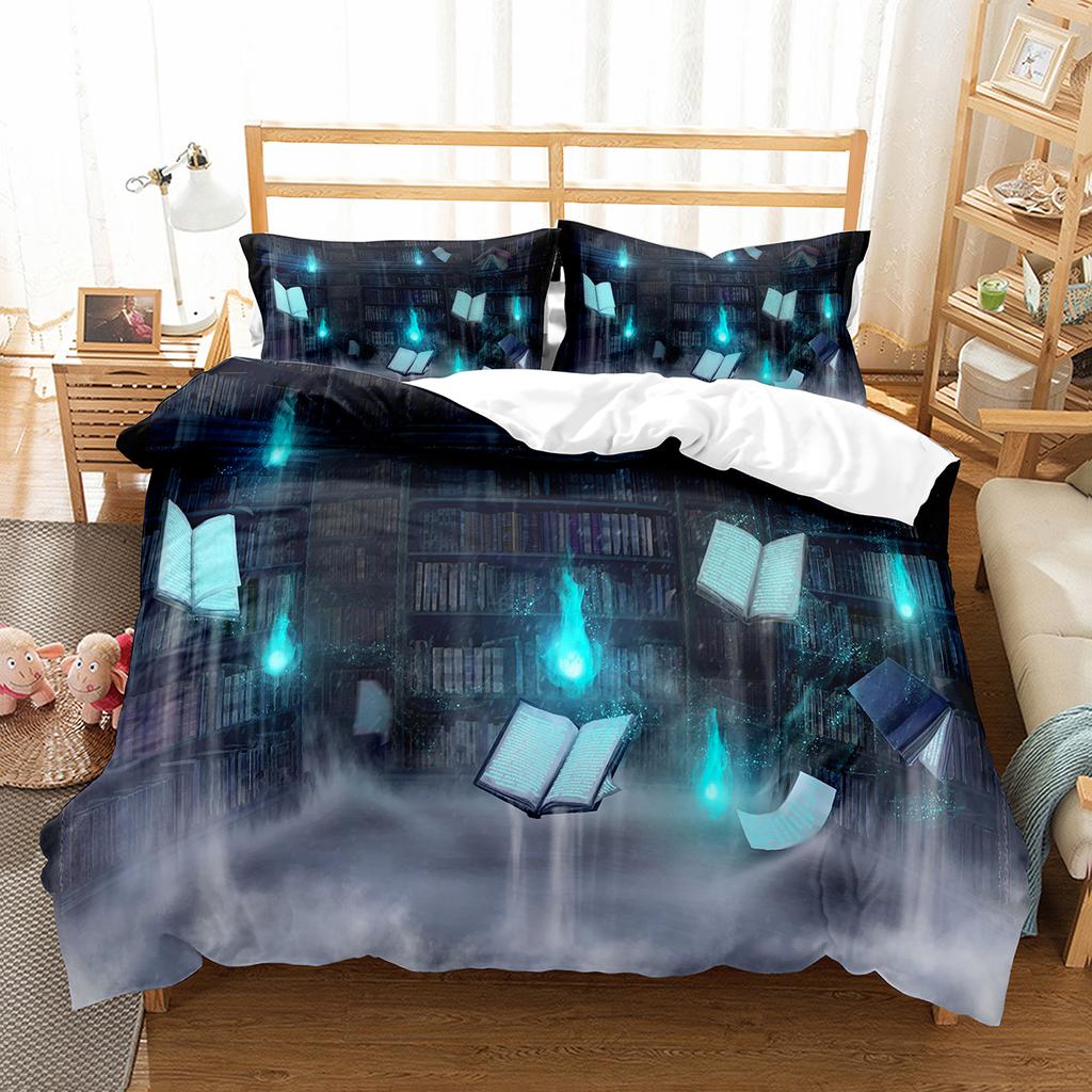 Magic Book Duvet Cover Set Purple Light Book Comforter Cover Lightweight Polyester Quilt Cover with Pillowcase for Kids Teens