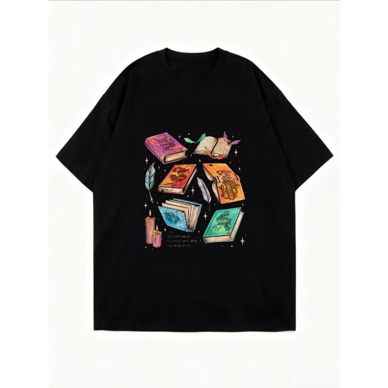 חולצת טי וינטג' אוברסייז עם הדפס ספרים קסומים צבעוניים + נר-נוצה – טופ ספרותי בנושא חובב ספרי פנטזיה