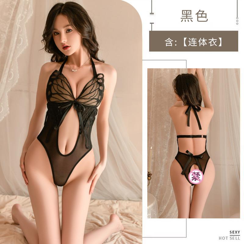 Meilikou's New Sex Underwear, Sexy and Smart Butterfly Lace-up Open Gear Free Mesh Perspective Onesie